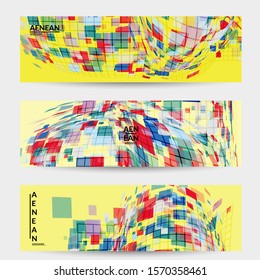 Square pixel mosaic distorted shape. Transparent overlapping squatters create dynamic movement effect. Abstract air balloon vector background.