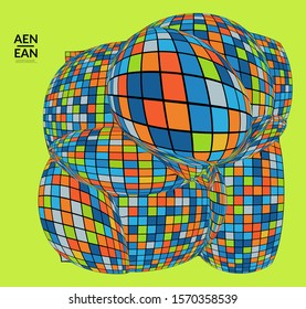 Square pixel mosaic distorted shape. Black wire frame over flat retro colors. Abstract air balloon vector background.