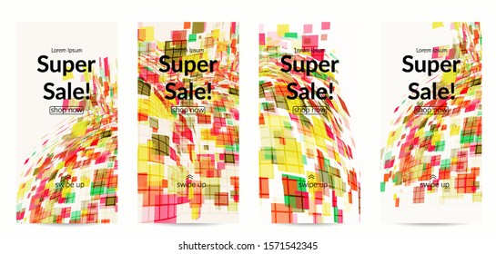 Square pixel mosaic distorted shape. Transparent overlapping squatters create dynamic movement effect. Abstract air balloon vector background.