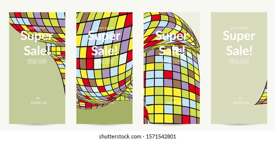 Square pixel mosaic distorted shape. Black wire frame over flat retro colors. Abstract air balloon vector background.