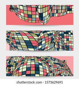 Square pixel mosaic distorted shape. Black wire frame over flat retro colors. Abstract air balloon vector background.