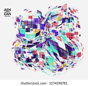 Square pixel mosaic distorted shape. Transparent overlapping squatters create dynamic movement effect. Abstract air balloon vector background