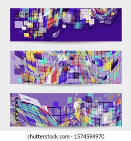 Square pixel mosaic distorted shape. Transparent overlapping squatters create dynamic movement effect. Abstract air balloon vector background.