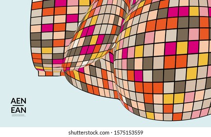 Square pixel mosaic distorted shape. Black wire frame over flat retro colors. Abstract air balloon vector background.