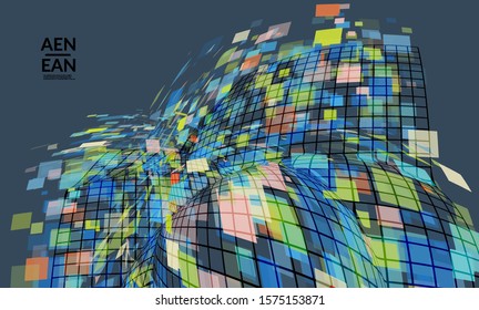 Square pixel mosaic distorted shape. Transparent overlapping squatters create dynamic movement effect. Abstract air balloon vector background.