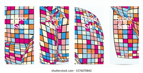 Square pixel mosaic distorted shape. Black wire frame over flat retro colors. Abstract air balloon vector background.