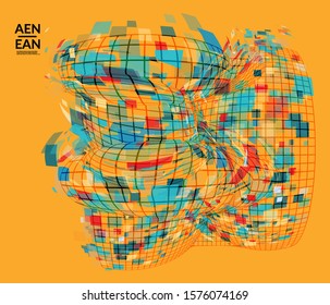 Square pixel mosaic distorted shape. Transparent overlapping squatters create dynamic movement effect. Abstract air balloon vector background