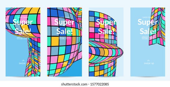 Square pixel mosaic distorted shape. Black wire frame over flat retro colors. Abstract air balloon vector background.