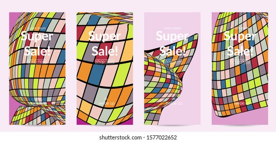 Square pixel mosaic distorted shape. Black wire frame over flat retro colors. Abstract air balloon vector background.