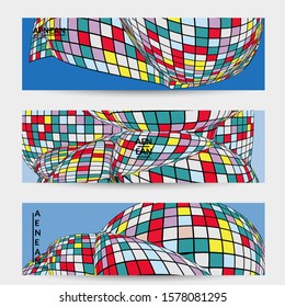 Square pixel mosaic distorted shape. Black wire frame over flat retro colors. Abstract air balloon vector background.