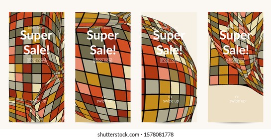 Square pixel mosaic distorted shape. Black wire frame over flat retro colors. Abstract air balloon vector background.