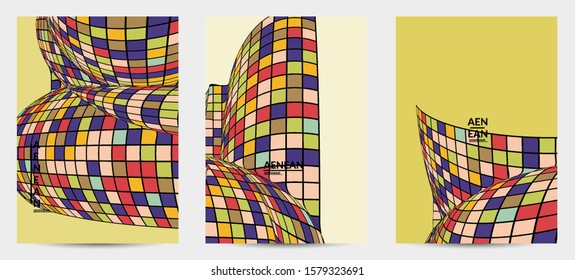Square pixel mosaic distorted shape. Black wire frame over flat retro colors. Abstract air balloon vector background.