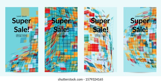 Square pixel mosaic distorted shape. Transparent overlapping squatters create dynamic movement effect. Abstract air balloon vector background.