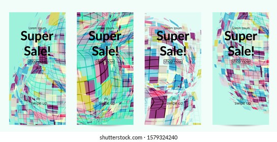 Square pixel mosaic distorted shape. Transparent overlapping squatters create dynamic movement effect. Abstract air balloon vector background.