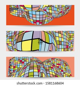 Square pixel mosaic distorted shape. Black wire frame over flat retro colors. Abstract air balloon vector background.