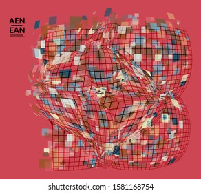 Square pixel mosaic distorted shape. Transparent overlapping squatters create dynamic movement effect. Abstract air balloon vector background