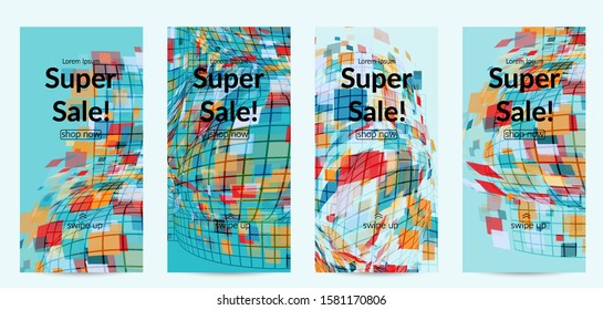 Square pixel mosaic distorted shape. Transparent overlapping squatters create dynamic movement effect. Abstract air balloon vector background.