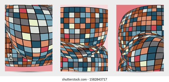 Square pixel mosaic distorted shape. Black wire frame over flat retro colors. Abstract air balloon vector background.