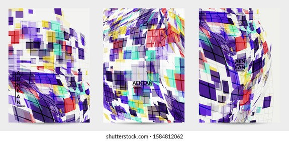 Square pixel mosaic distorted shape. Transparent overlapping squatters create dynamic movement effect. Abstract air balloon vector background.