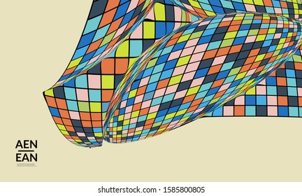 Square pixel mosaic distorted shape. Black wire frame over flat retro colors. Abstract air balloon vector background.