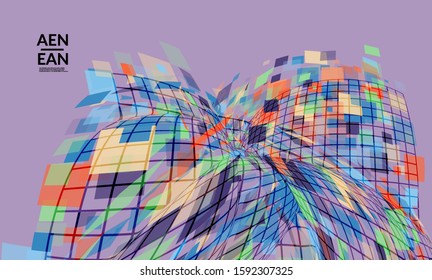 Square pixel mosaic distorted shape. Transparent overlapping squatters create dynamic movement effect. Abstract air balloon vector background.
