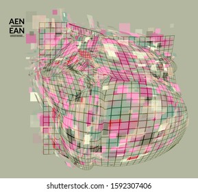 Square pixel mosaic distorted shape. Transparent overlapping squatters create dynamic movement effect. Abstract air balloon vector background
