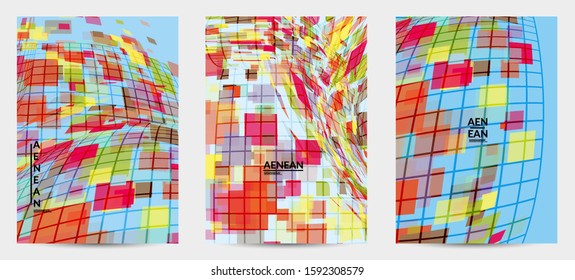 Square pixel mosaic distorted shape. Transparent overlapping squatters create dynamic movement effect. Abstract air balloon vector background.