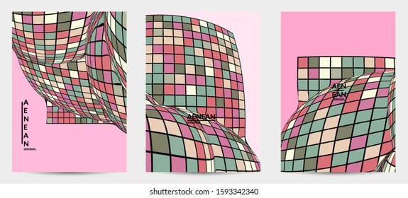 Square pixel mosaic distorted shape. Black wire frame over flat retro colors. Abstract air balloon vector background.