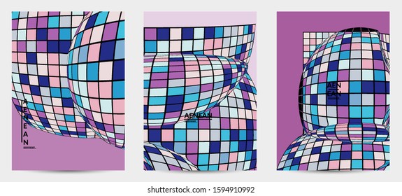 Square pixel mosaic distorted shape. Black wire frame over flat retro colors. Abstract air balloon vector background.