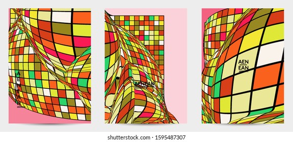 Square pixel mosaic distorted shape. Black wire frame over flat retro colors. Abstract air balloon vector background.