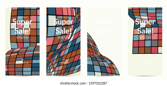 Square pixel mosaic distorted shape. Black wire frame over flat retro colors. Abstract air balloon vector background.
