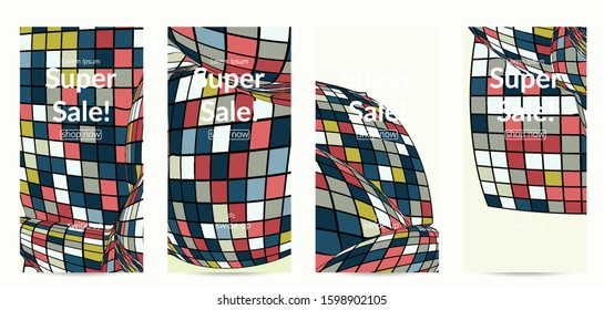 Square pixel mosaic distorted shape. Black wire frame over flat retro colors. Abstract air balloon vector background.