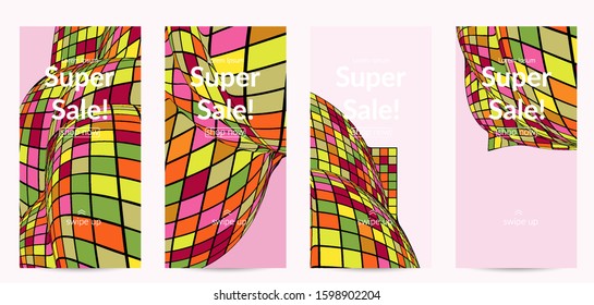 Square pixel mosaic distorted shape. Black wire frame over flat retro colors. Abstract air balloon vector background.