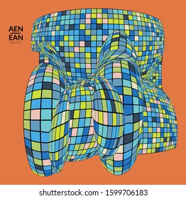 Square pixel mosaic distorted shape. Black wire frame over flat retro colors. Abstract air balloon vector background.