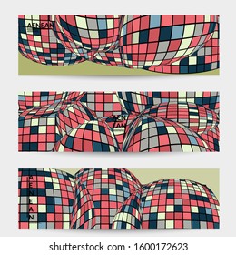 Square pixel mosaic distorted shape. Black wire frame over flat retro colors. Abstract air balloon vector background.