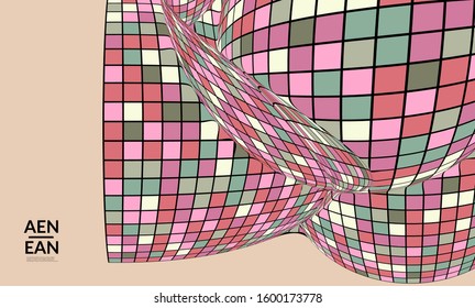 Square pixel mosaic distorted shape. Black wire frame over flat retro colors. Abstract air balloon vector background.
