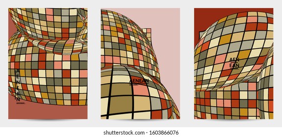 Square pixel mosaic distorted shape. Black wire frame over flat retro colors. Abstract air balloon vector background.