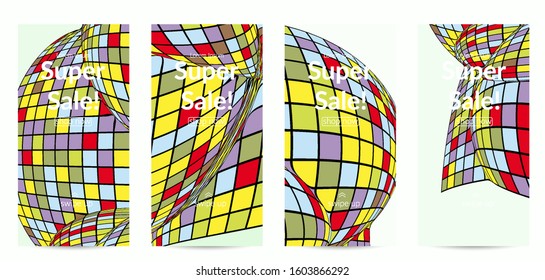 Square pixel mosaic distorted shape. Black wire frame over flat retro colors. Abstract air balloon vector background.