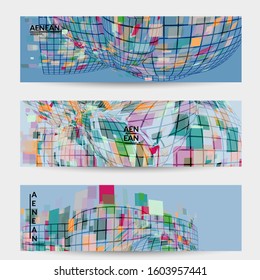 Square pixel mosaic distorted shape. Transparent overlapping squatters create dynamic movement effect. Abstract air balloon vector background.