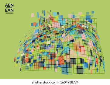 Square pixel mosaic distorted shape. Transparent overlapping squatters create dynamic movement effect. Abstract air balloon vector background