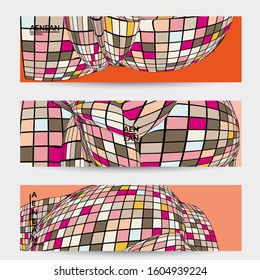 Square pixel mosaic distorted shape. Black wire frame over flat retro colors. Abstract air balloon vector background.