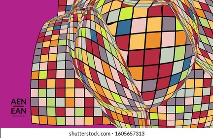 Square pixel mosaic distorted shape. Black wire frame over flat retro colors. Abstract air balloon vector background.