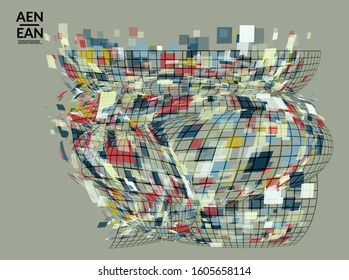 Square pixel mosaic distorted shape. Transparent overlapping squatters create dynamic movement effect. Abstract air balloon vector background