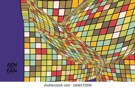 Square pixel mosaic distorted shape. Black wire frame over flat retro colors. Abstract air balloon vector background.