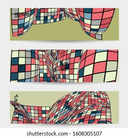 Square pixel mosaic distorted shape. Black wire frame over flat retro colors. Abstract air balloon vector background.