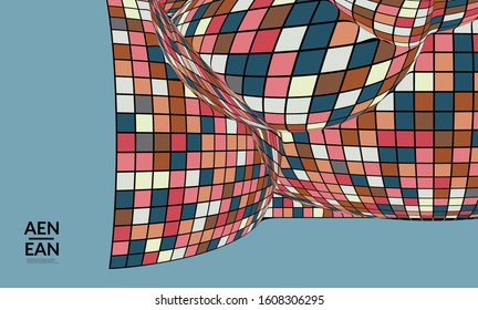 Square pixel mosaic distorted shape. Black wire frame over flat retro colors. Abstract air balloon vector background.