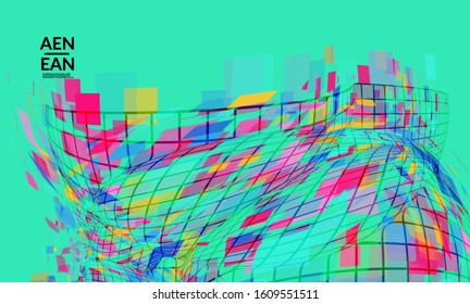 Square pixel mosaic distorted shape. Transparent overlapping squatters create dynamic movement effect. Abstract air balloon vector background.