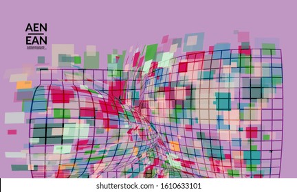 Square pixel mosaic distorted shape. Transparent overlapping squatters create dynamic movement effect. Abstract air balloon vector background.