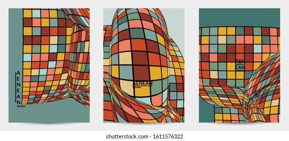 Square pixel mosaic distorted shape. Black wire frame over flat retro colors. Abstract air balloon vector background.