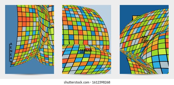 Square pixel mosaic distorted shape. Black wire frame over flat retro colors. Abstract air balloon vector background.